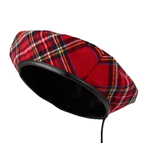 WITHMOONS Polyester Beret Hat Tartan Check Leather Sweatband KR3781 (Red) - Image 1