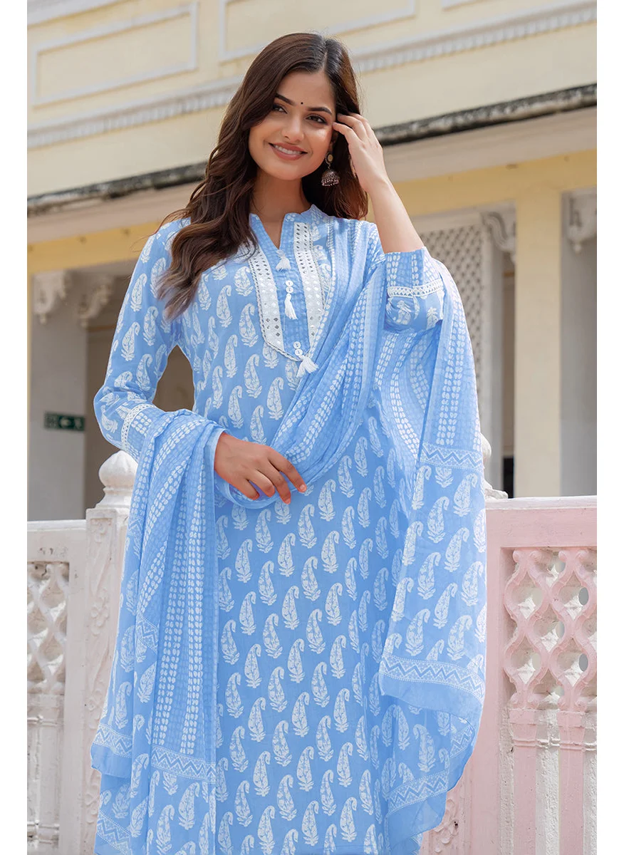 زيري سوق Blue Rayon Blend Paisley Printed Straight 3-Piece Kurta Set
