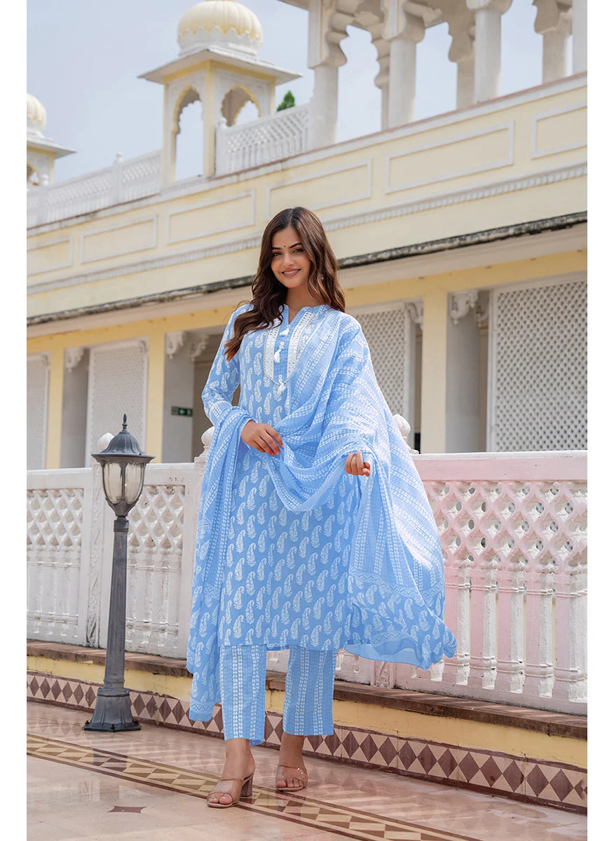 زيري سوق Blue Rayon Blend Paisley Printed Straight 3-Piece Kurta Set