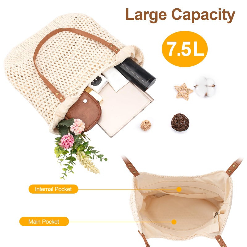 Peicees Crochet Beach Bag Purse, Boho Woven Tote with Leak-Proof Lining For Summer Vacation Travel Casual Shoulder Bag Soft - Image 4