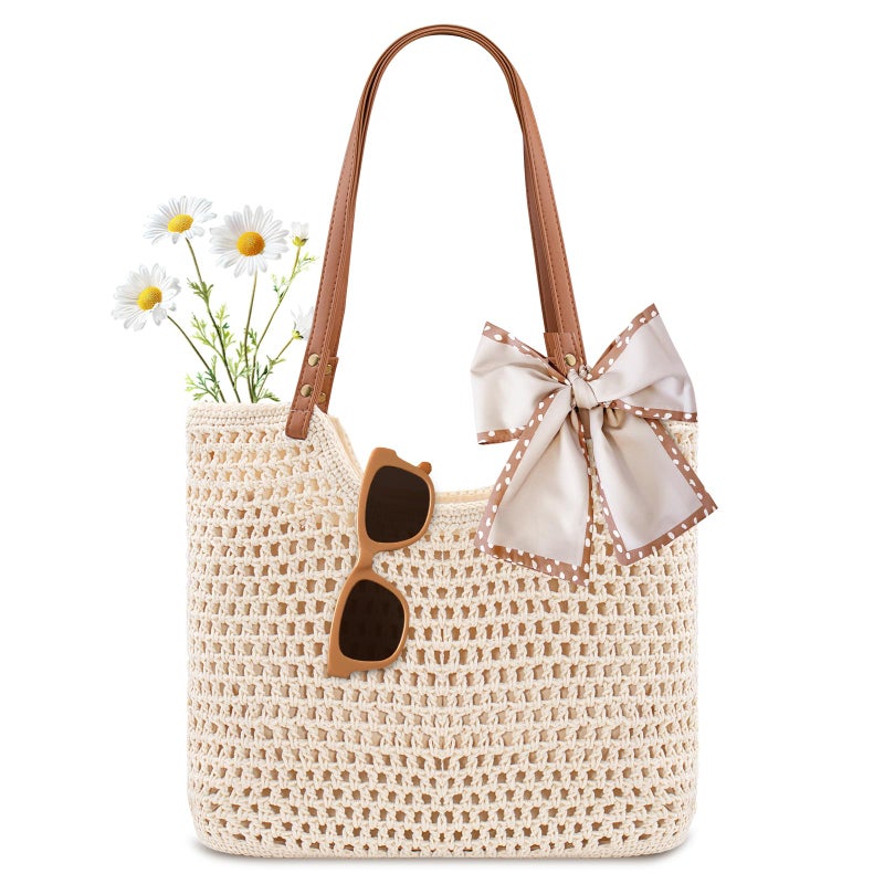 Peicees Crochet Beach Bag Purse, Boho Woven Tote with Leak-Proof Lining For Summer Vacation Travel Casual Shoulder Bag Soft - Image 1