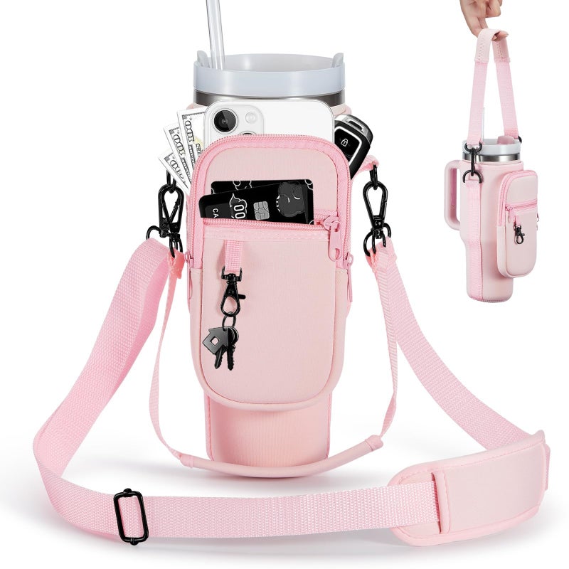 BULKITEM 30oz Water Bottle Carrier Bag with Phone Pocket for Pink Stanley 30 oz Tumbler with Handle Neoprene Water Cup Holder Pouch with Strap for Valentines Stanley Cup Accessories - Image 2