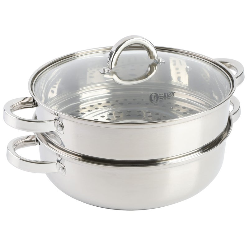 Oster Sangerfield 11-Inch Stainless Steel Everyday Cookware Pan with Steamer and Lid â€“ Durable Nonstick Frying Skillet for Kitchen Cooking - Image 1