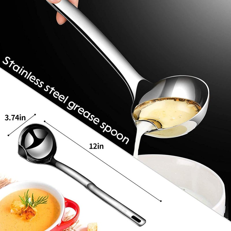 KBKM Stainless Steel Oil Separator Soup Oil Filter Spoon Cooking Spoon OilSeparated Spoon with Long Handle Grease Filter Spoon for Home Kitchen Hot Pot Fat Skimmer Silver - Image 2