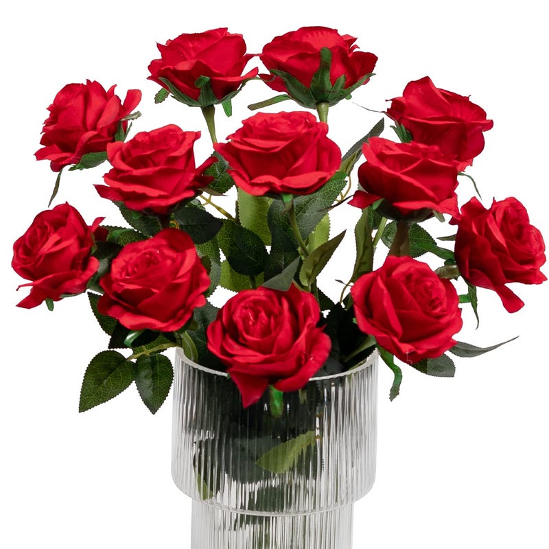 Kisflower 12Pcs Roses Artificial Flowers Fake Silk Rose Flowers Realistic Single Stem Flower Bouquet for Wedding Party Office Home Decor Red
