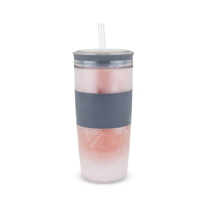 HOST Double Wall Insulated Freezable Drink Chilling Tumbler with Freezing Gel Glasses for Red and White Wine Straw and Lid Plastic 16 oz Grey