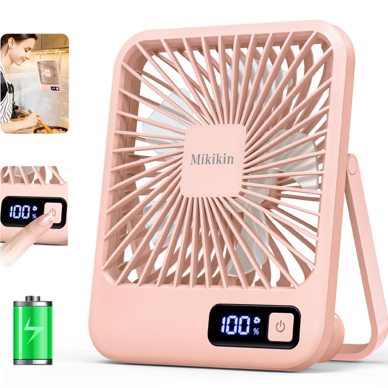 Mikikin Table Fan Battery Rechargeable 2000mAh 180 Foldable Portable Personal Fan With Power Display Ultra Quiet Suitable for Home Office Travel Desktop Outdoor 5 Speeds  Pink