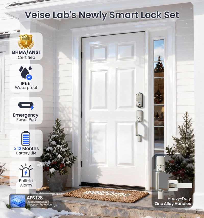 Veise VE017-D Smart Fingerprint Front Door Lock Set, App Control, 8-in-1 Keyless Entry Deadbolt with Lever Handle, Touchscreen Keypad, IP55 Weatherproof, Auto Lock, Easy Install, Satin Nickel - Image 5