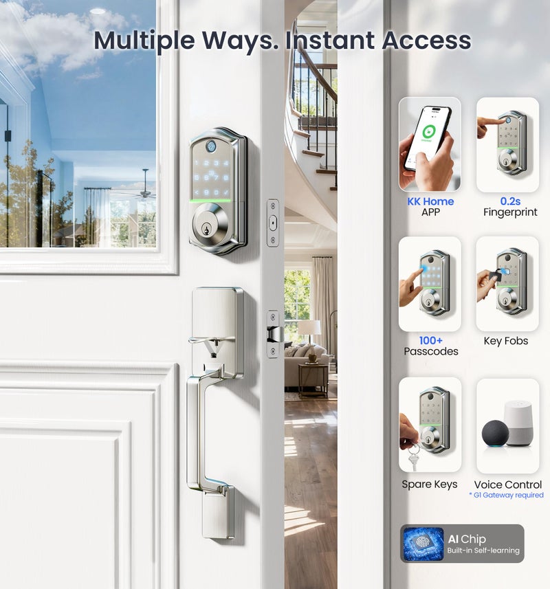 Veise VE017-D Smart Fingerprint Front Door Lock Set, App Control, 8-in-1 Keyless Entry Deadbolt with Lever Handle, Touchscreen Keypad, IP55 Weatherproof, Auto Lock, Easy Install, Satin Nickel - Image 3