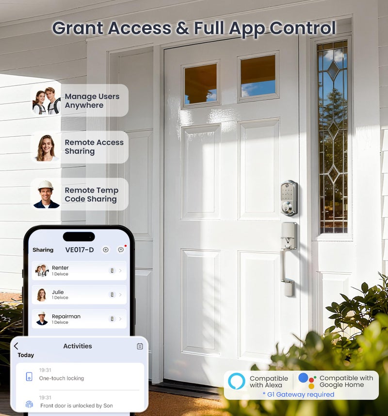 Veise VE017-D Smart Fingerprint Front Door Lock Set, App Control, 8-in-1 Keyless Entry Deadbolt with Lever Handle, Touchscreen Keypad, IP55 Weatherproof, Auto Lock, Easy Install, Satin Nickel - Image 2