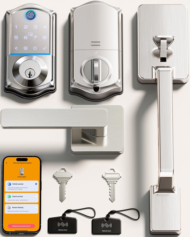 Veise VE017-D Smart Fingerprint Front Door Lock Set, App Control, 8-in-1 Keyless Entry Deadbolt with Lever Handle, Touchscreen Keypad, IP55 Weatherproof, Auto Lock, Easy Install, Satin Nickel - Image 1