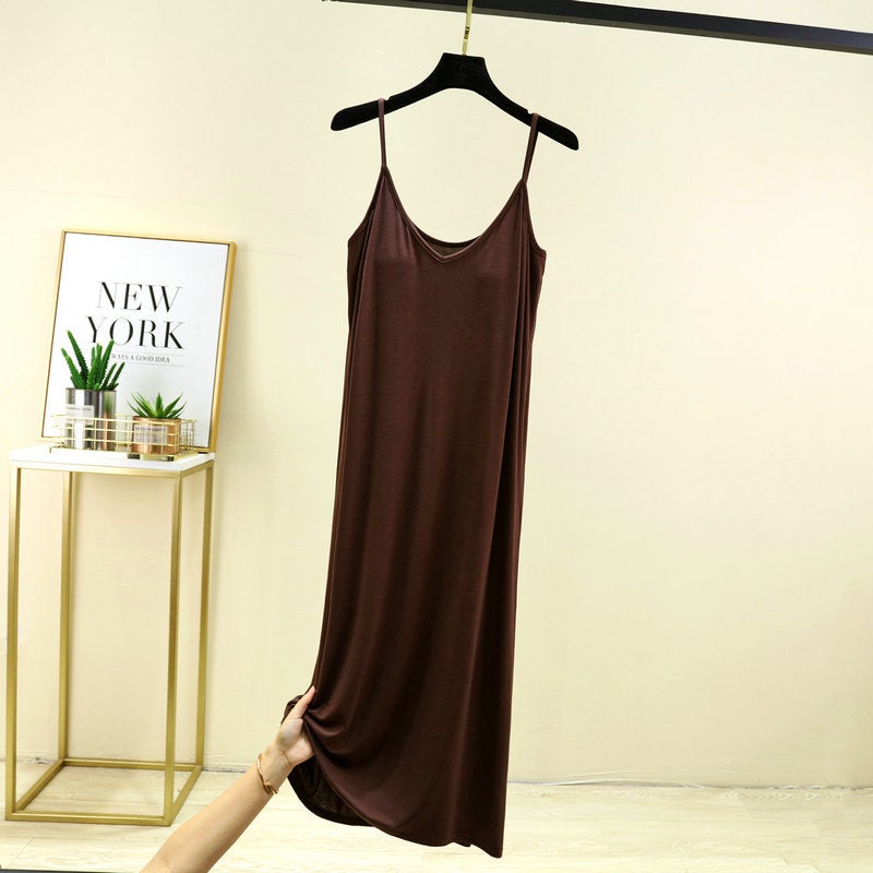 Womens One-piece V-neck Sling Base Skirt with Chest Pad Summer Long Nightgown Home Skirt Outer Wearing Dress Deep coffee. 