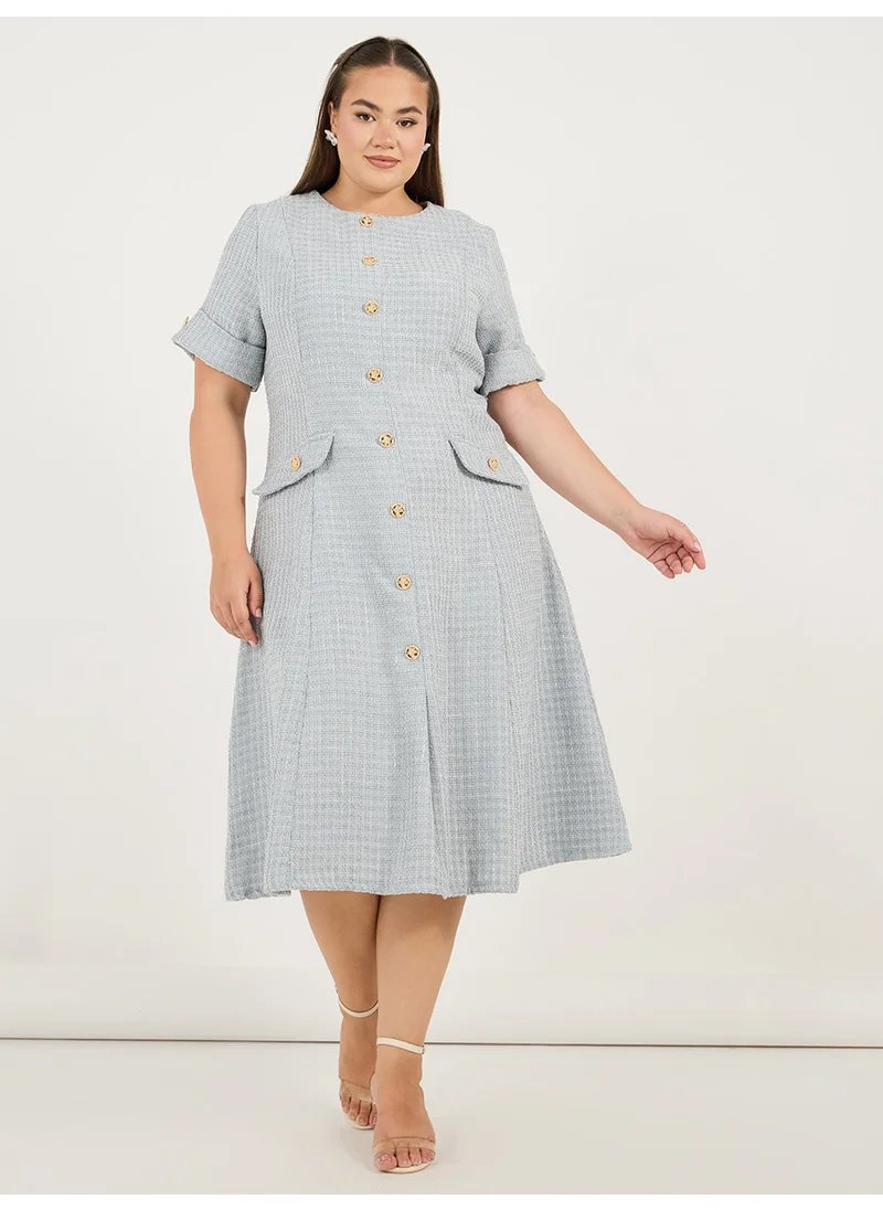Styli Plus Size Short Sleeves A-Line Tweed Midi Dress