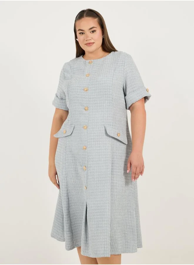 Styli Plus Size Short Sleeves A-Line Tweed Midi Dress