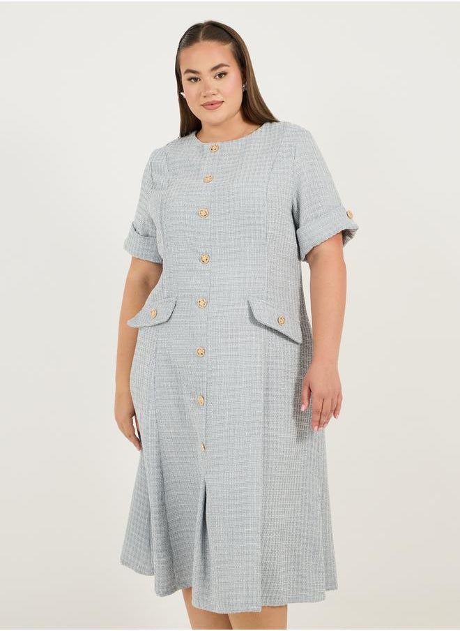 Styli Plus Size Short Sleeves A-Line Tweed Midi Dress  - Image 1
