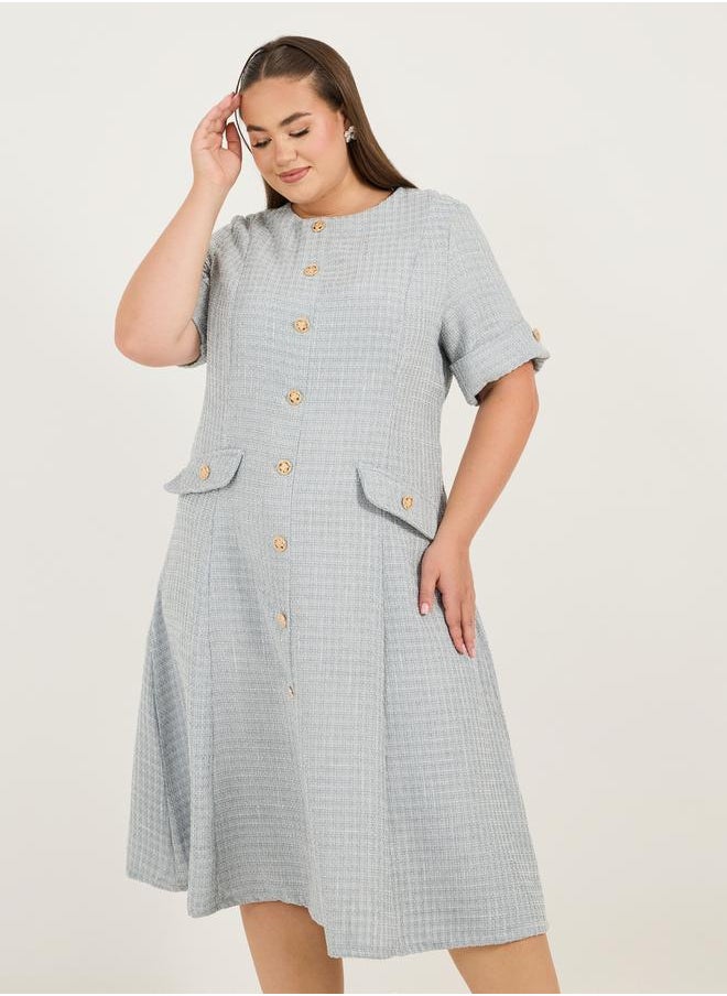 Styli Plus Size Short Sleeves A-Line Tweed Midi Dress  - Image 4