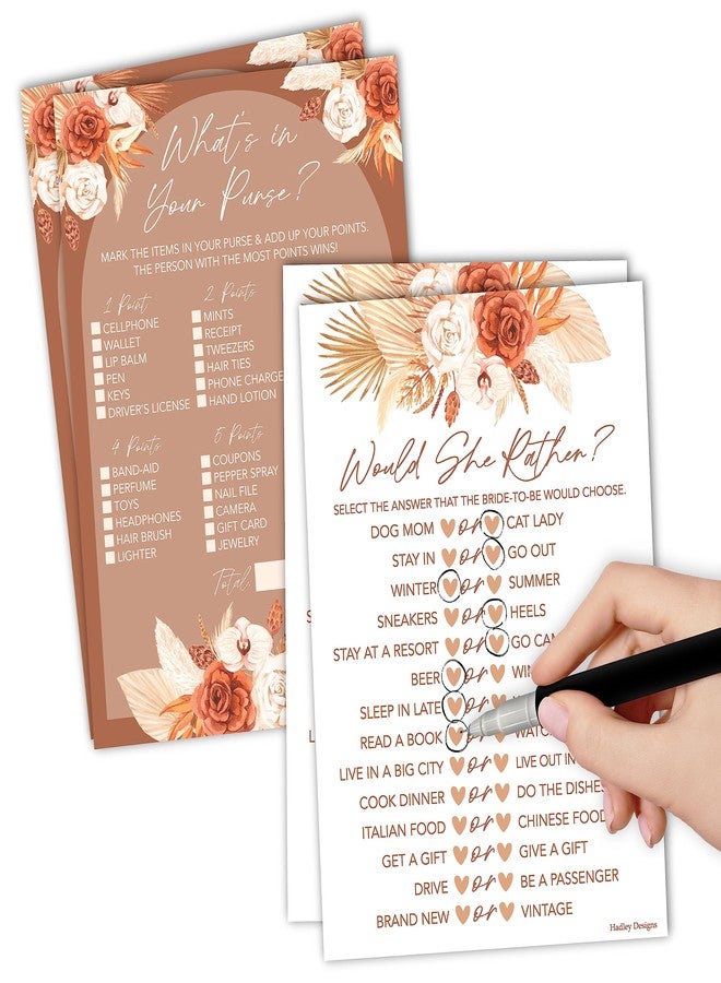 Hadley Designs 20 Boho Hilarious Bridal Shower Games For 20 Guests - Couples Wedding Shower Games, Would She Rather Bridal Shower Game Set, Whats In Your Purse Game Bridal Shower - Image 1