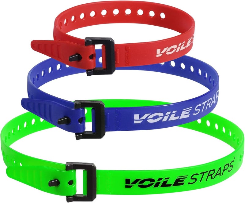 Voile Straps® 3 Pack – Nylon Buckle | 3-Pack of Heavy-Duty UV-Resistant Polyurethane Straps | 15", 20", and 25" | Outdoor, Bikepacking, Repairs – Made in USA (Red-Blue-Green) - Image 1
