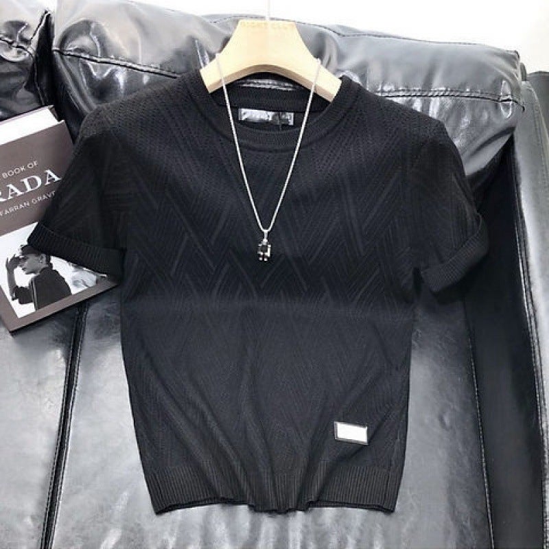 Mens Slim Fit Knitted Tee Short Sleeve Black - Image 1