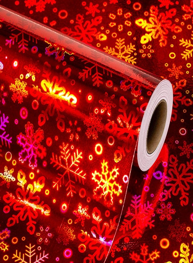 Flyhill Christmas Wrapping Paper, Red Holographic Snowflake Gift Wrap for Birthday,Wedding,Baby Shower - Mini Roll 17inch*32.8ft - Image 1