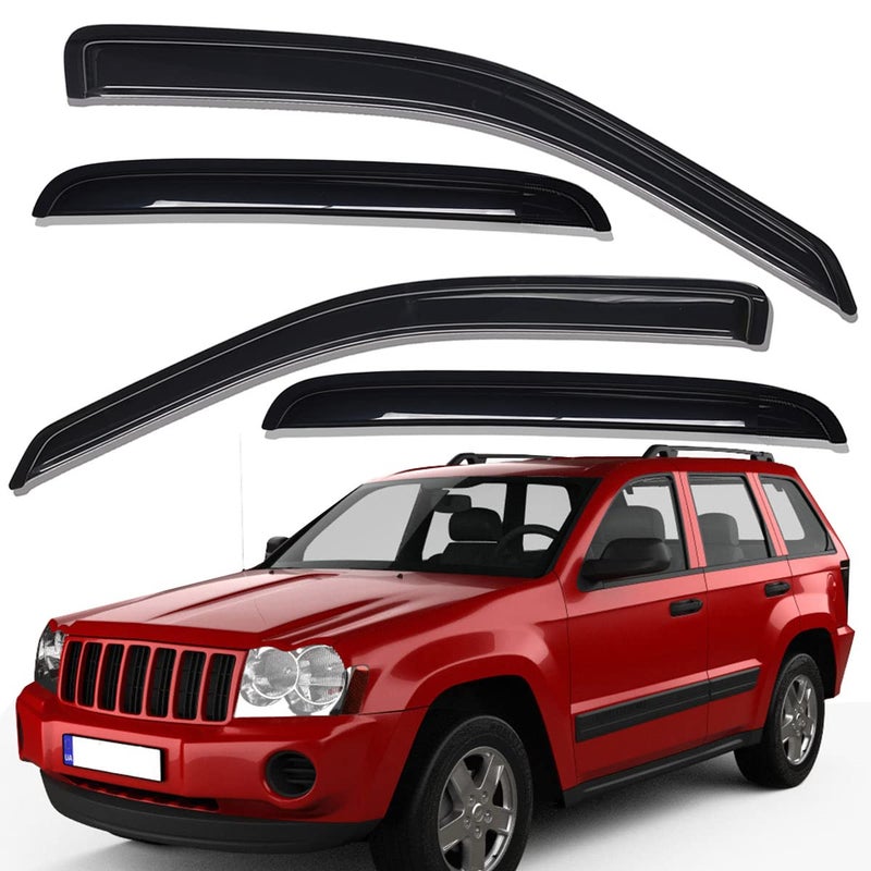 Lightronic Extra Durable OutsideMount Auto Vent Window Visor Fits 20052010 Jeep Grand Cherokee UV Protection Rain Guard Original Wind Deflector NoDrill Easy Install Dark Smoke 4Pcs