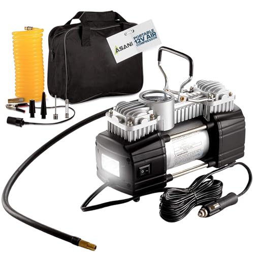 Asani 12V Air Compressor - Portable & Compact Tire Pump, 150 PSI Heavy-Duty Double Cylinder Tire Inflator with LED Flashlight, Ideal for SUVs, Off-Road, Trailer, Truck, Bike, Air Bed - Image 1