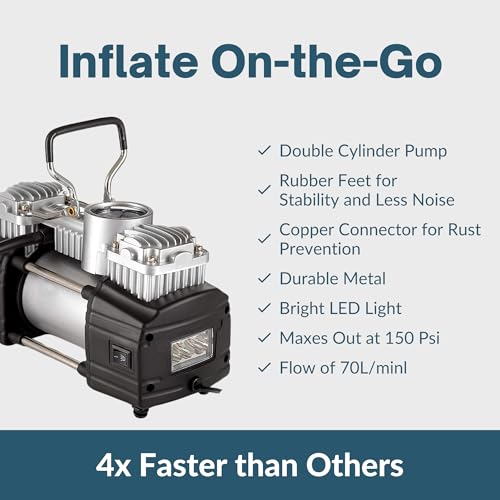 Asani 12V Air Compressor - Portable & Compact Tire Pump, 150 PSI Heavy-Duty Double Cylinder Tire Inflator with LED Flashlight, Ideal for SUVs, Off-Road, Trailer, Truck, Bike, Air Bed - Image 2