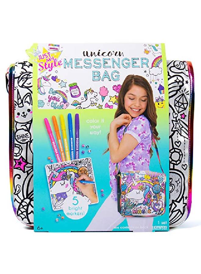 Just My Style حقيبة رسائل يونيكورن لتلوينك الخاصة - حقيبة هولوجرافية بموضوع يونيكورن رائعة للمدرسة - مجموعة الفنون والحرف للأطفال من أعمار 6 7 8 9 - Image 2