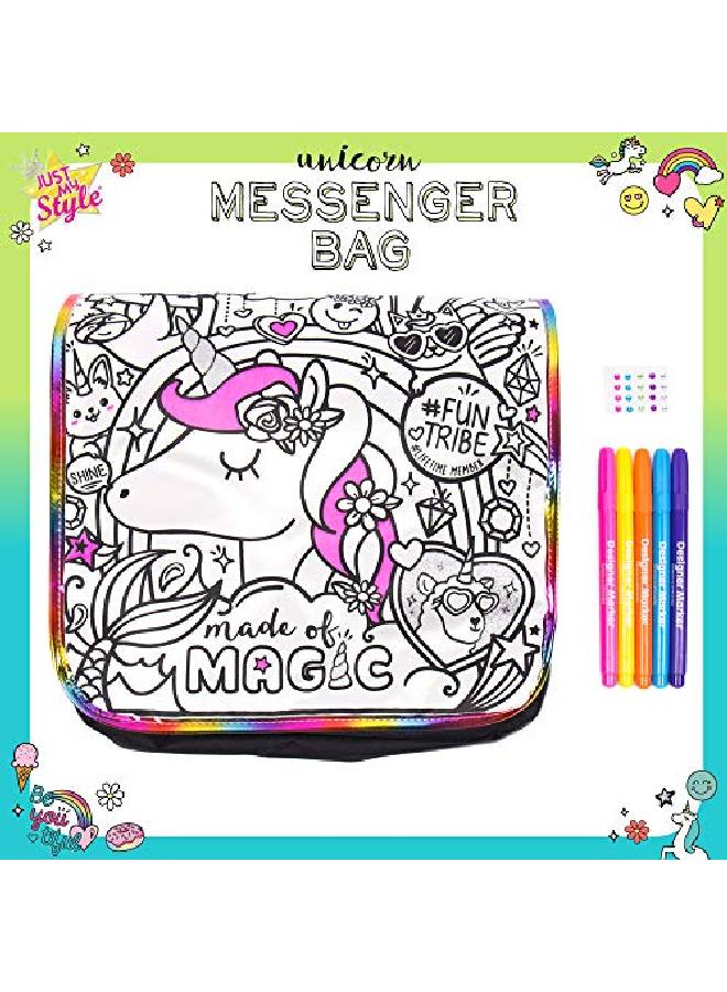 Just My Style حقيبة رسائل يونيكورن لتلوينك الخاصة - حقيبة هولوجرافية بموضوع يونيكورن رائعة للمدرسة - مجموعة الفنون والحرف للأطفال من أعمار 6 7 8 9 - Image 3