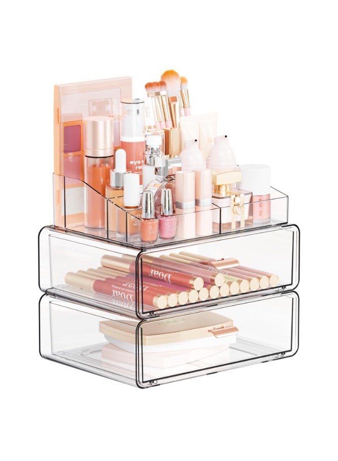 3-Tier Clear Makeup Organizer with Drawer – Transparent Cosmetic Storage Box for Vanity, Dresser & Bathroom Countertop, Beauty Holder for Lipstick, Brush & Skincare - Image 1