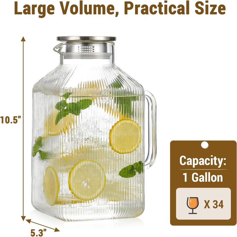Snuvid 1 Gallon thickened Square Glass Pitcher with Lid, Classic Stripes Water Pitchers for Fridge, Borosilicate Glass Carafe for Hot/Cold Brew Drink, Extra Large Jug with Handle for Iced Tea, Coffee, Juice - Image 3