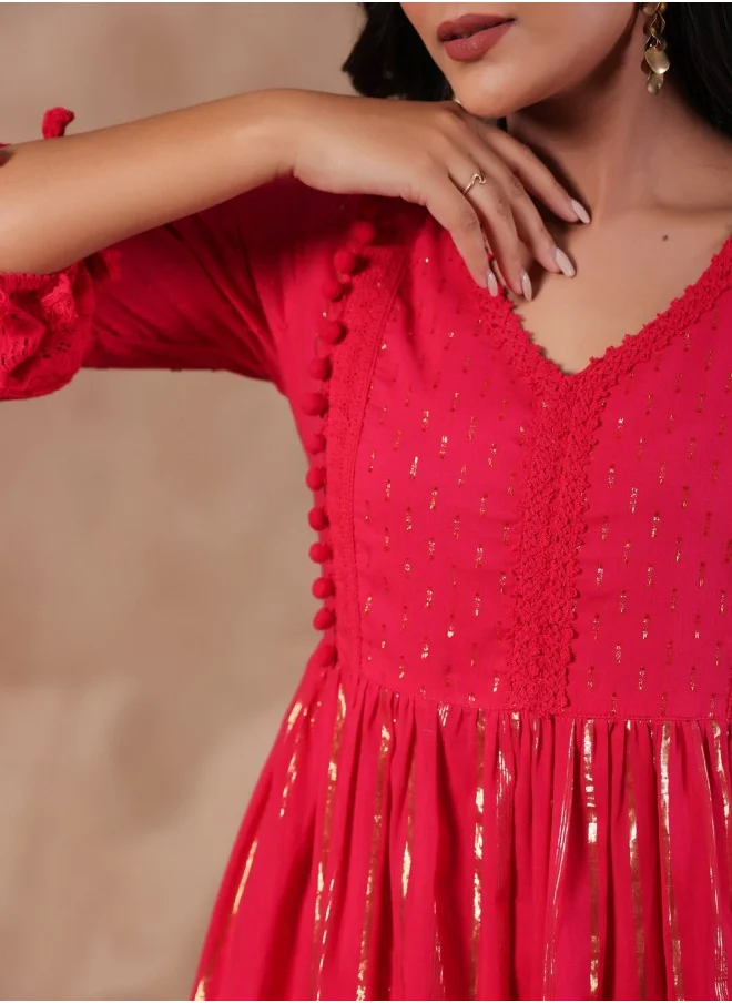 ISHIN Aline Fit Self Design Pattern V-Neck Neck 3/4 sleeve Fuchsia Colour Knitted Cotton Dresses for Women with Semi Elastic Closure - An Ideal Pick for Any Occasion