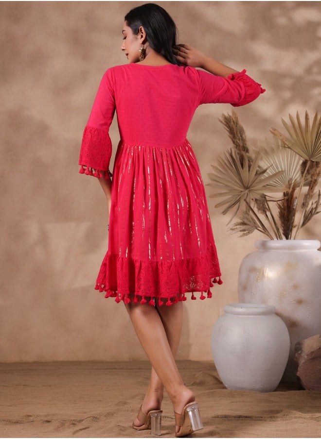 ISHIN Aline Fit Self Design Pattern V-Neck Neck 3/4 sleeve Fuchsia Colour Knitted Cotton Dresses for Women with Semi Elastic Closure - An Ideal Pick for Any Occasion  - Image 5