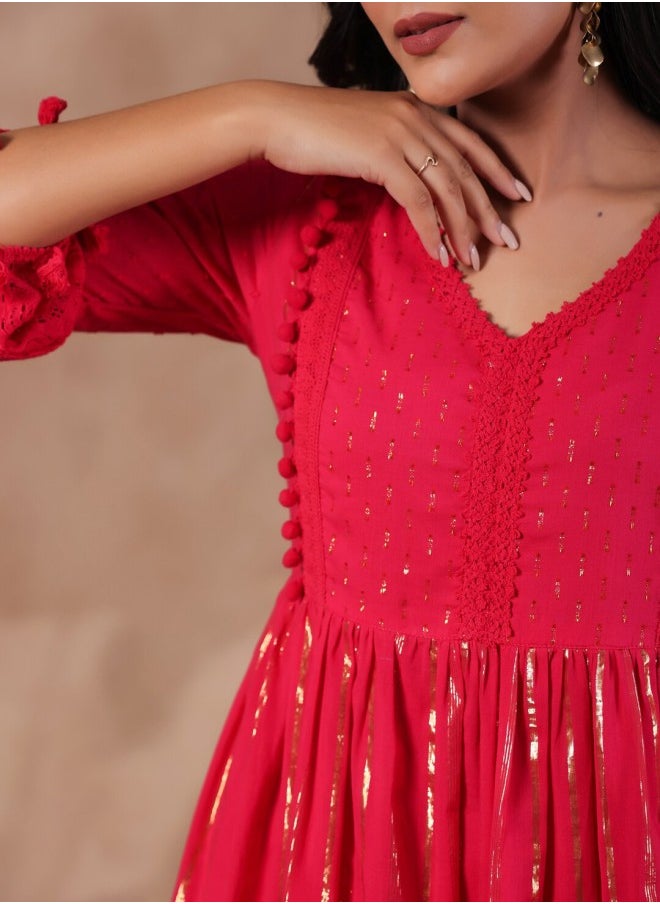 ISHIN Aline Fit Self Design Pattern V-Neck Neck 3/4 sleeve Fuchsia Colour Knitted Cotton Dresses for Women with Semi Elastic Closure - An Ideal Pick for Any Occasion  - Image 2