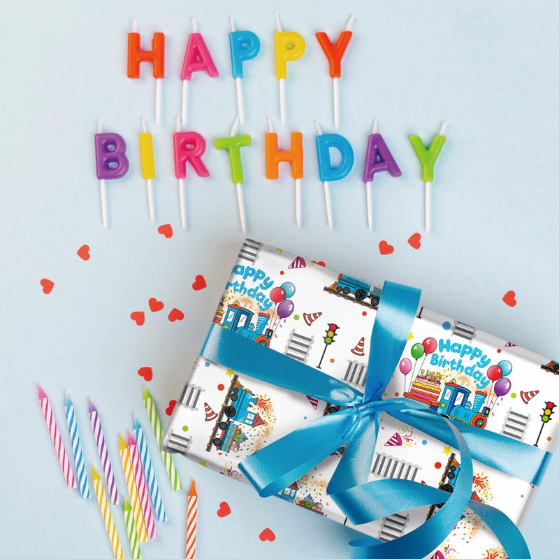 SaringSwoon Birthday Train Wrapping Paper for Boys Kid - White Gift Wrap With Train Happy Birthday Balloons, Cake and Gifts Train Tracks for Baby Shower - 28x40 Inches, 4 Folded Sheets - Image 5