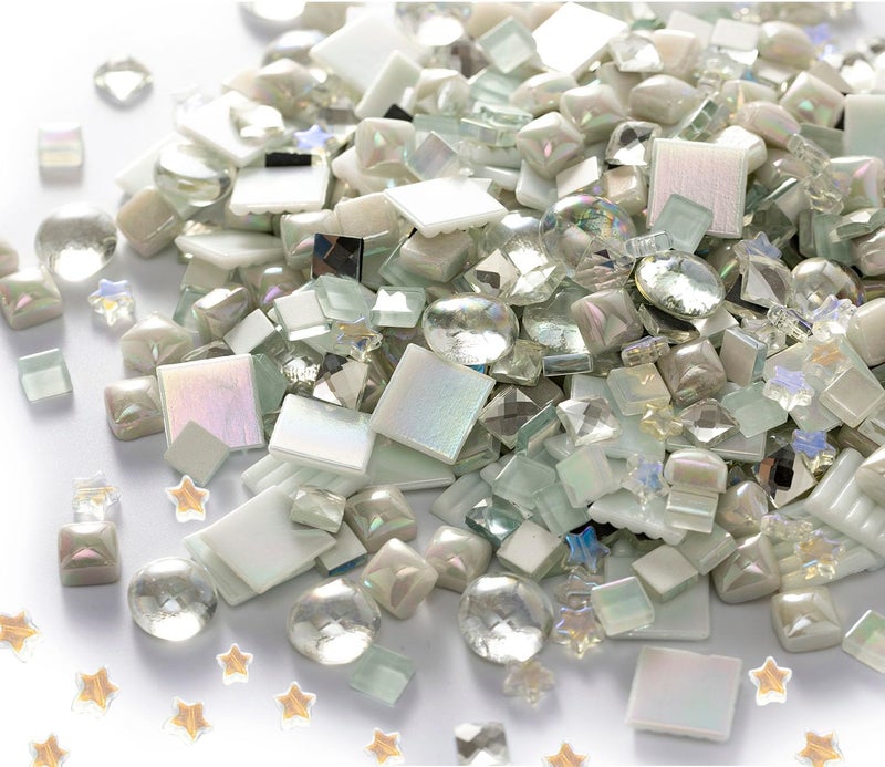 Lanyani 430Pcs Iridescent White Glass Mosaic Tiles Variety Styles Mosaic Tiles Pieces Bulk Shimmering Crystal Tile for Glass Crafts and DIY Decorations 12 Pounds Pack