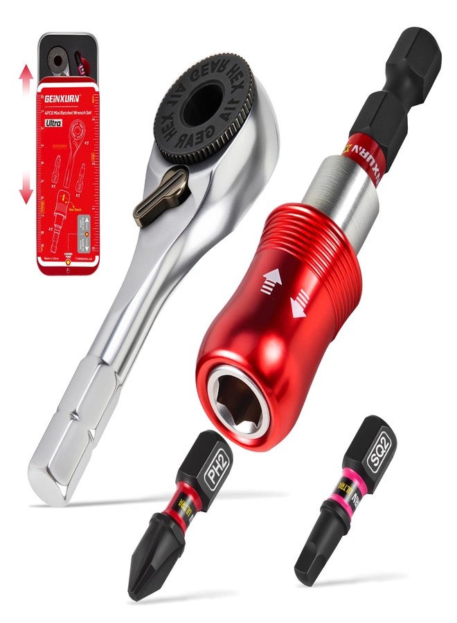 Geinxurn 4Pieces Mini Ratchet Screwdriver Set, Impact Multi-Bit Driver with Mini 1/4 Square Wrench, Magnetic Locking Bit Holder, Push-Pull Tin Case for Repair and DIY Projects - Image 1