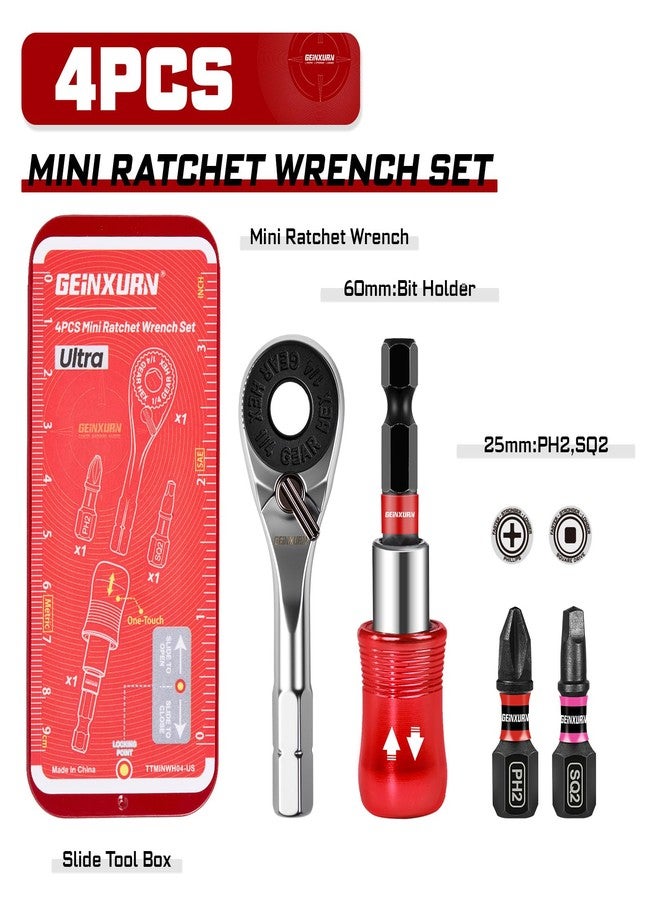 Geinxurn 4Pieces Mini Ratchet Screwdriver Set, Impact Multi-Bit Driver with Mini 1/4 Square Wrench, Magnetic Locking Bit Holder, Push-Pull Tin Case for Repair and DIY Projects - Image 2