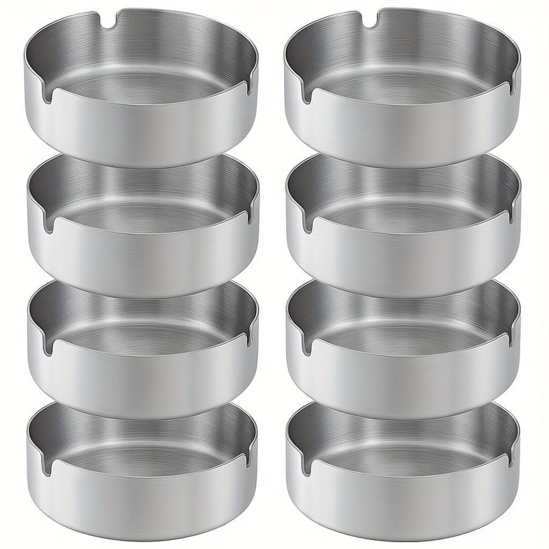 8pcs Silver Stainless Steel Ashtray Set Windproof Triple Slot Portable - Image 1