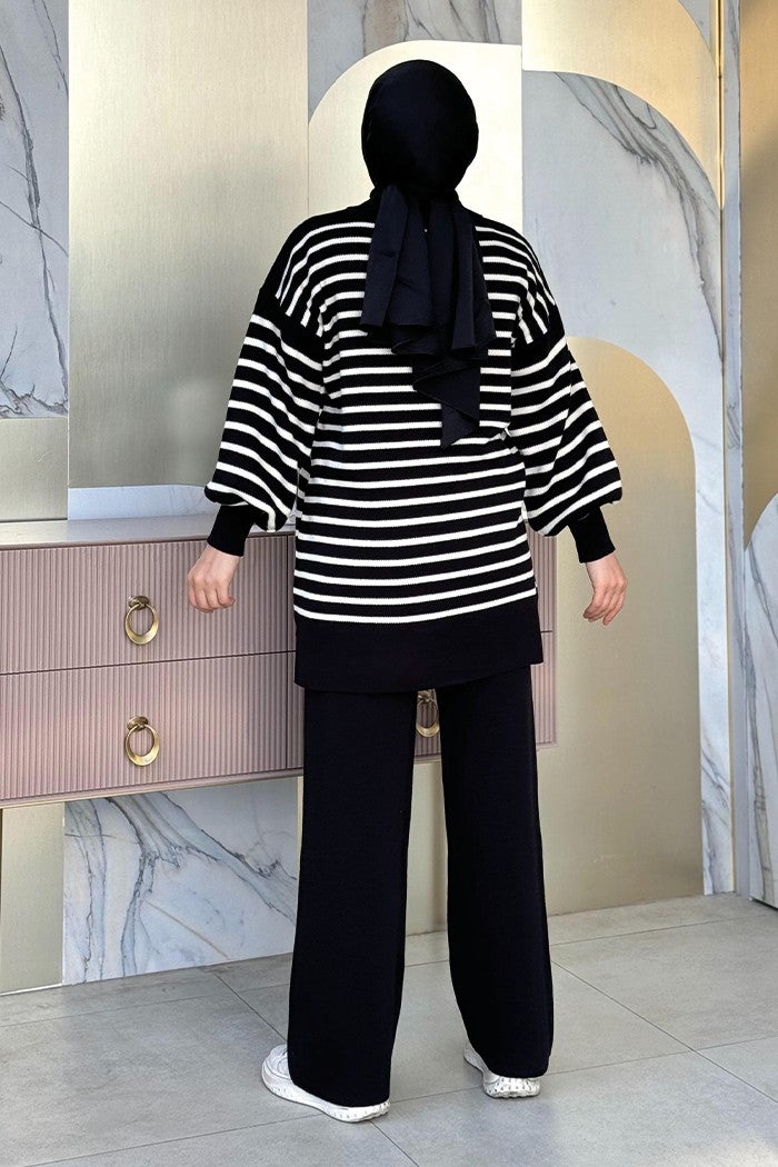 Bym Fashion Collar Tie Detailed Tunic and Trousers Two Piece Knitwear Set 2-1515 Black  - Image 2