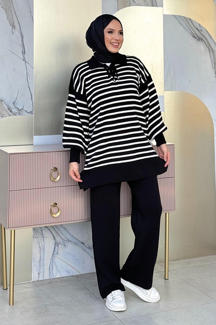 Bym Fashion Collar Tie Detailed Tunic and Trousers Two Piece Knitwear Set 2-1515 Black  - Image 1