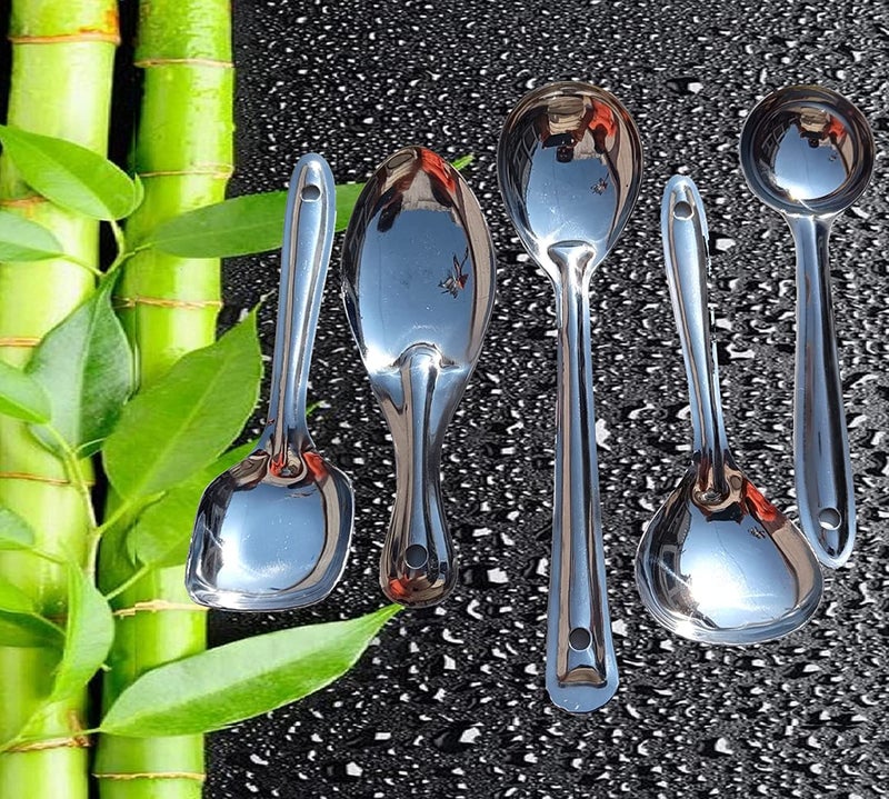 Stotram Stainless Steel Serving Spoon Set for Dining, Cooking Spoon Set for Kitchen, Tableware, Soup Ladle Solid Spoon Rice Spoon Curry/dal/Rice/Pasta Cuttlery Spoon Set, Set of 5 - Image 2