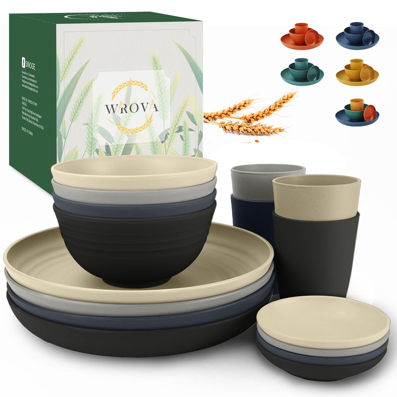 Wrova Wheat straw plates and bowls sets of 16 - Unbreakable wheat straw dinnerware sets for camping - Dishwasher safe and Freezer safe Dishes. Black & Grey - Image 1