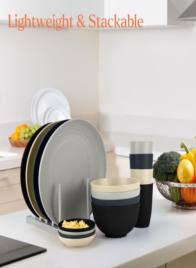Wrova Wheat straw plates and bowls sets of 16 - Unbreakable wheat straw dinnerware sets for camping - Dishwasher safe and Freezer safe Dishes. Black & Grey - Image 4