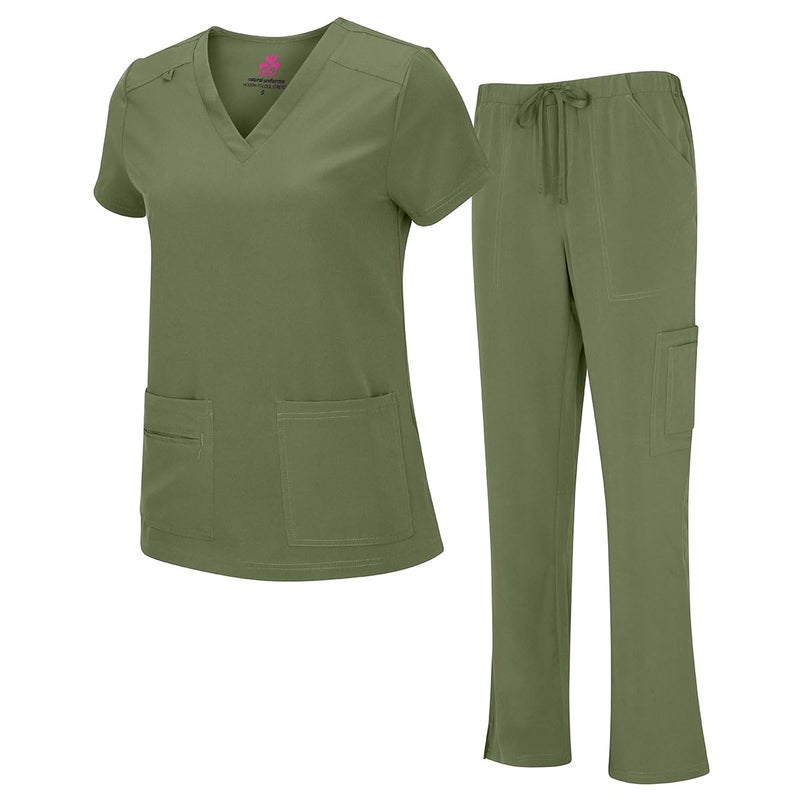Natural Uniforms Womens Cool Stretch VNeck Top and Cargo Pant Set Olive Medium