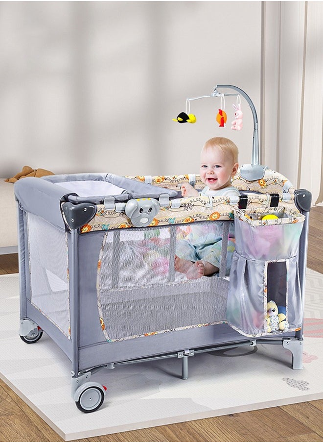 ZCM-HAPPY 3 in 1 Foldable and Moveable Baby Crib, Playpen and Travel Playard with Bassinet, Music Toy Rack, Storage Pocket and Diaper Changing Table  - Image 1