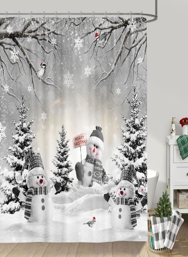 GOAOK Farmhouse Winter Christmas Shower Curtain, Cute Snowman Snow Forest Pine Tree Scene Shower Curtain for Bathroom Rustic Xmas Snowflake Holiday Gray Bathroom Accessories Polyester 72"X72" with Hooks - Image 1