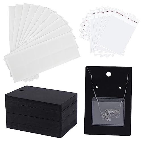 Temlum 100 Pcs Jewelry Display Cards with 100 Pcs Adhesive Pouches and Clear Bags, Necklace Earring Card Holders for Selling Jewelry Packaging Supplies (Black) - Image 1