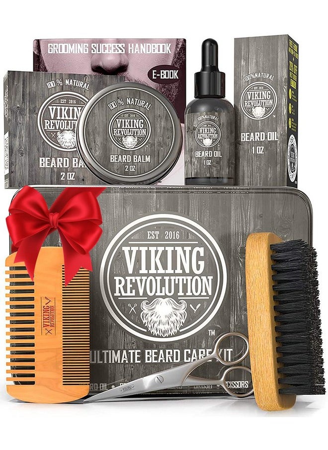 Viking Revolution Viking Revolution Beard Care Kit for Men - Kit includes 100% Boar Beard Brush, Wooden Comb, Beard Balm, Beard Oil, Beard & Mustache Scissors in a Metal Box  - Image 1