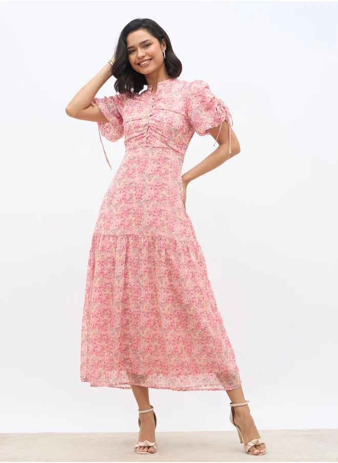 ستايلي Styli All-Over Floral Print Balloon Sleeves A-Line Maxi Dress with Ruched Detail